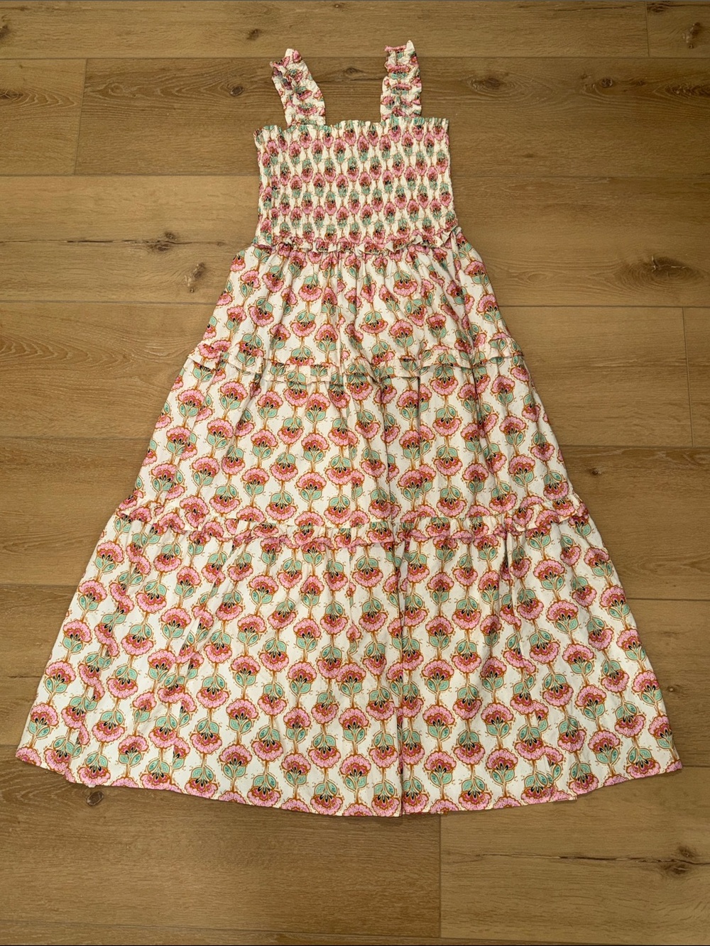 Entro Smocked Floral Block Print Cottagecore Midi